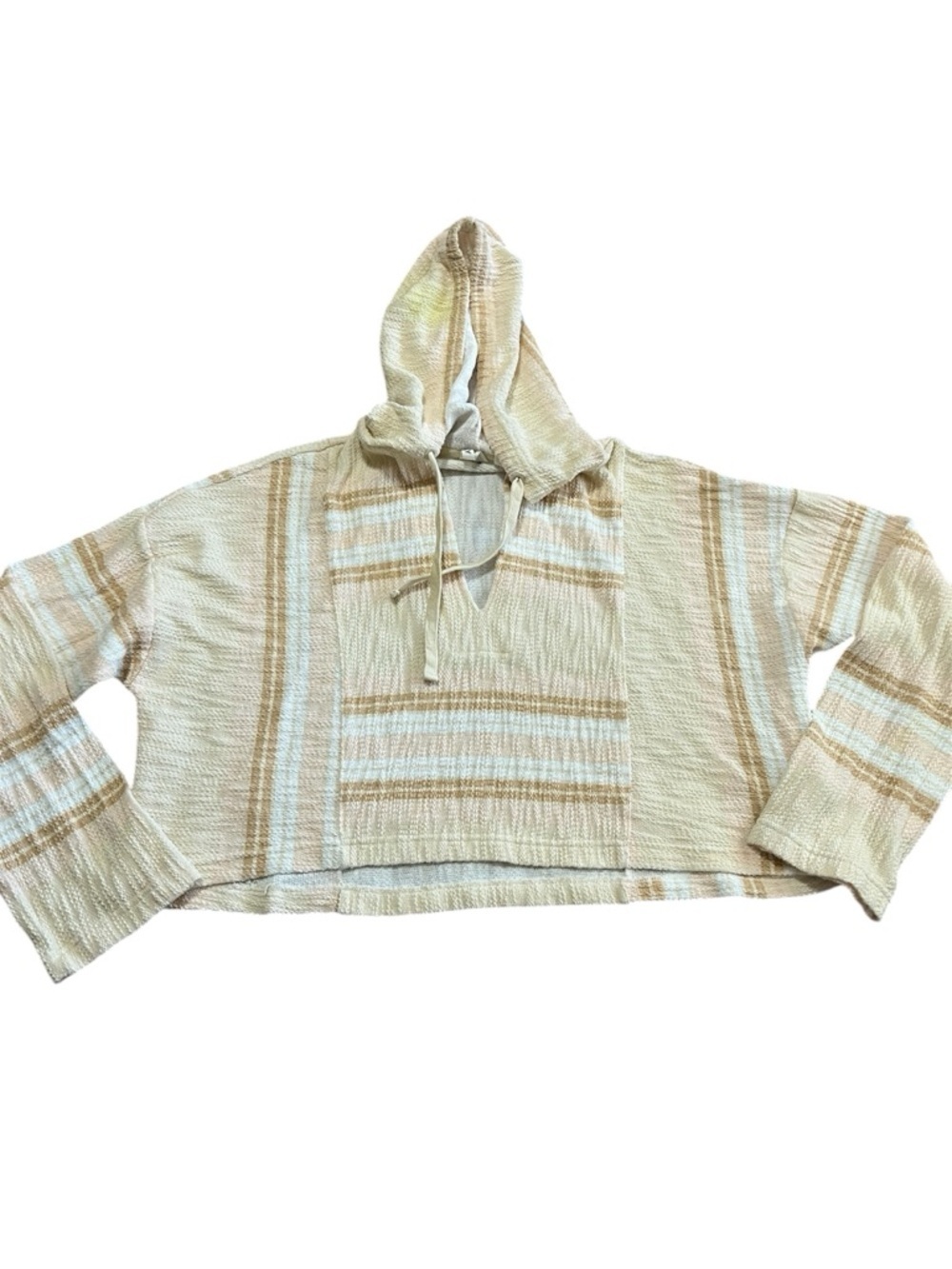 Roxy Striped Cropped Hoodie Cream Tan Yellow Oversized Size Large Surf Beach